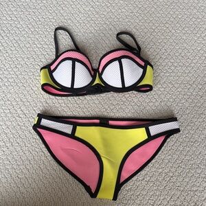 Triangl Swimwear Pink and Yellow Bikini with Black Accents XS